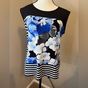 Calvin Klein Women’s Black & Blue Floral Stripe Cap Sleeve Top size large